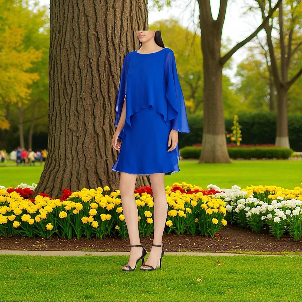 Lauren Ralph Lauren Women's Blue Chiffon Cape Dress Size 4 Party/Cocktail NWT